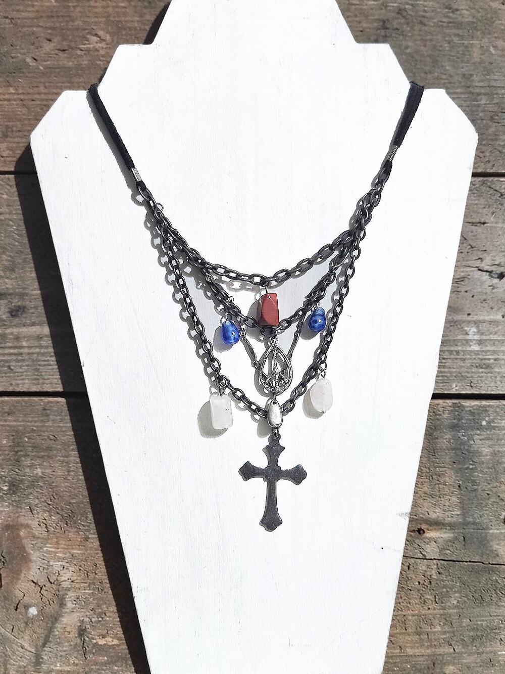 Multi Layer Suede Chain Choker Goth Boho Cross Peace Sign Stones Necklace